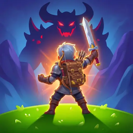 The Backpack Legends hero raising a sword, a glowing backpack on their shoulders, as a horned shadow looms behind