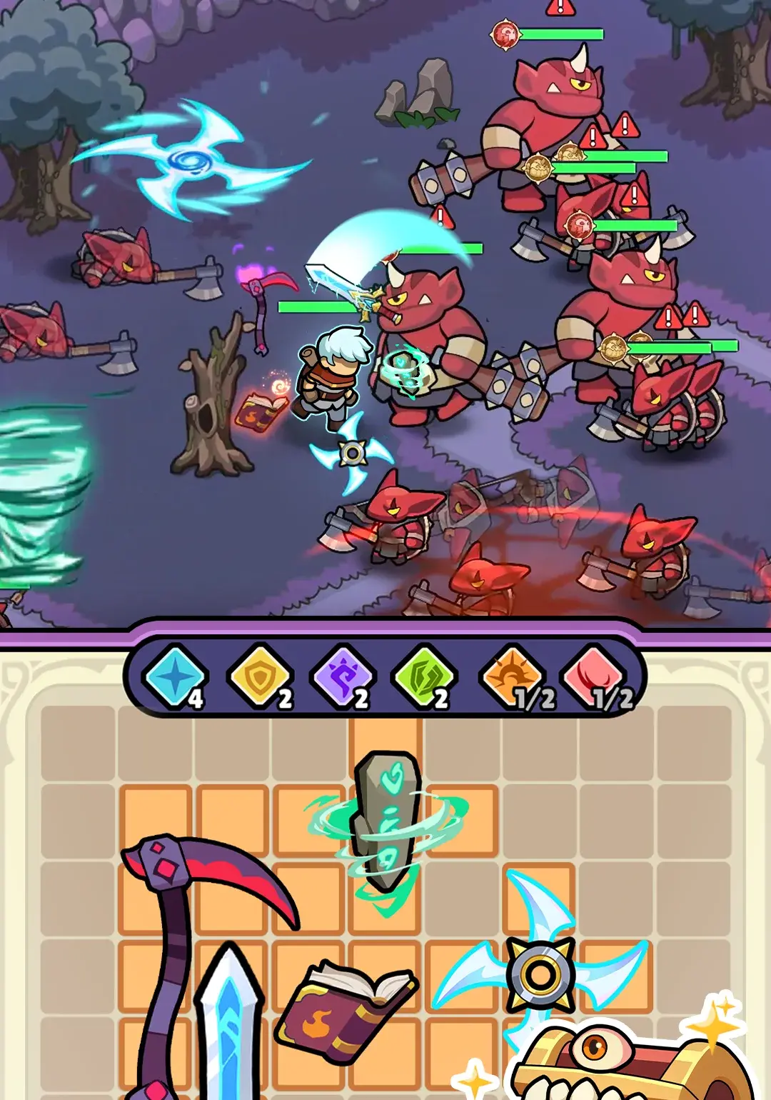 Battle in a dark forest above the backpack grid, where a scythe, sword, spellbook and shuriken are arranged
