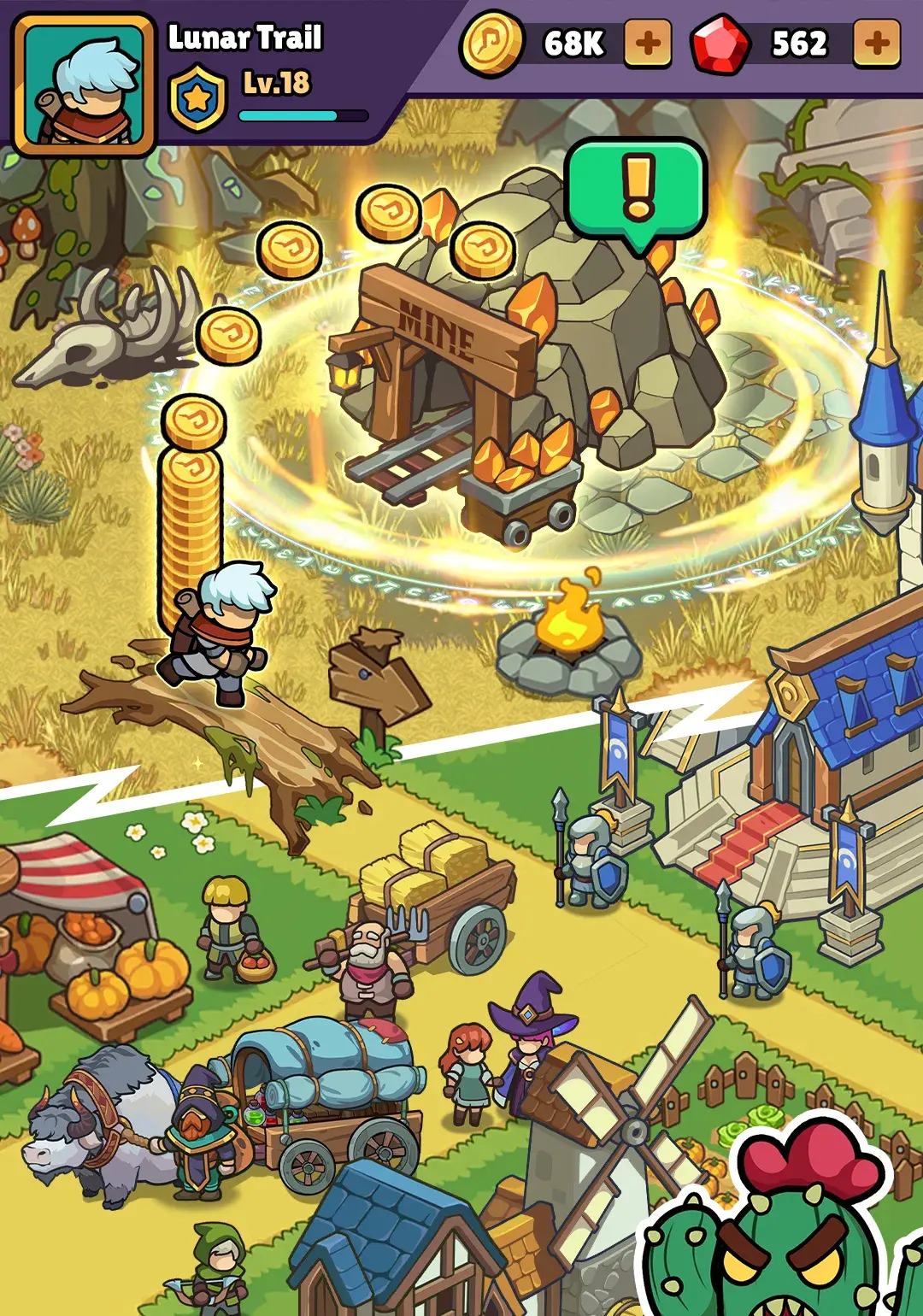 The hero's town with a mine producing gold, a windmill, market stalls, villagers and guards